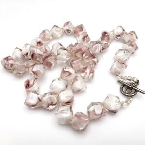 Vintage Art Glass Cube Necklace Lavender White Hand Knotted 23" 1980s